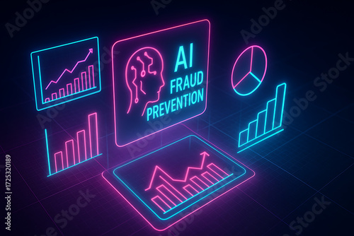 AI fraud prevention cybersecurity financial protection digital banking security neon glowing dashboard futuristic analytics chart secure transaction monitoring technology confidential finance risk det