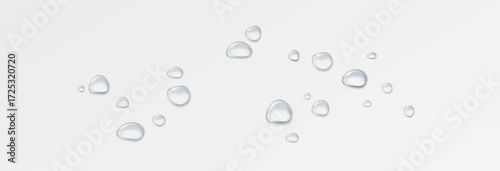 Realistic water drops on a transparent background, condensation on the surface with light reflection and shadow, vector, png, 3D effect.	
