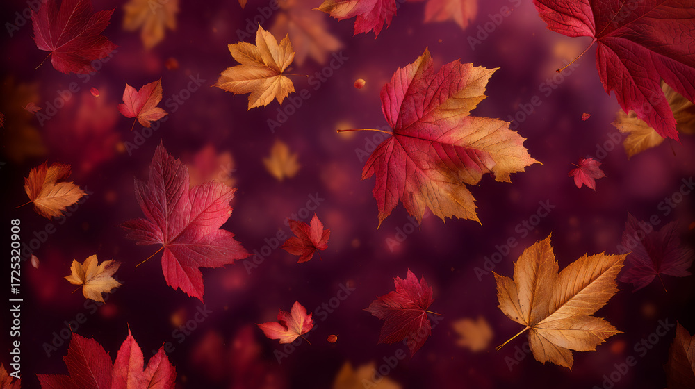 Fototapeta premium Burgundy Autumn Leaves with Sparkling Highlights on Dark Background