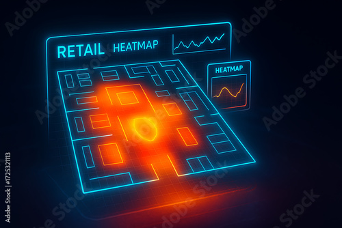 Retail heatmap analytics customer behavior tracking neon glowing data visualization futuristic shopping pattern analysis digital store insights technology sales optimization business intelligence cons
