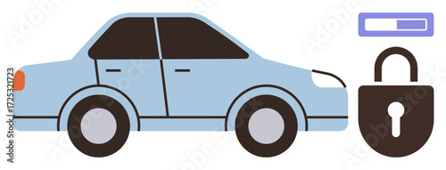 Blue sedan paired with a padlock icon and progress bar highlights vehicle safety, access, and technology. Ideal for security, auto access, digital locks, technology, innovation, safety simple flat