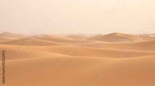A serene desert landscape featuring smooth, undulating sand dunes under a soft, hazy sky.