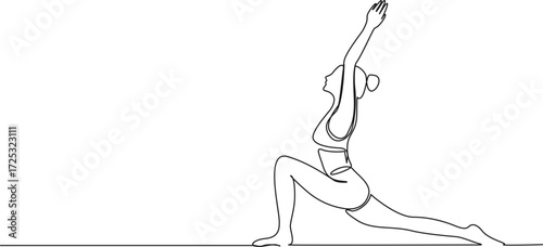 continuous single line drawing of fit woman stretching, athletic female in yoga pose, line art vector illustration