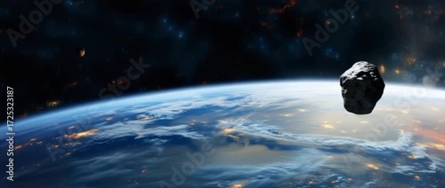 Meteor asteroid entering Earth�s atmosphere with flames symbolizing cosmic disaster, destruction, and space science phenomena