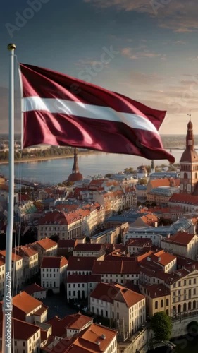 Latvia's flag waves proudly in Riga, celebrating Independence Day and Flag Day against a beautiful backdrop.