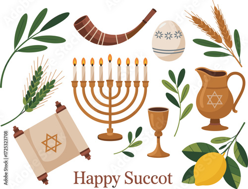 Happy Succot greeting card with menorah, shofar, etrog, lulav, Torah scroll, and harvest symbols — festive Jewish holiday design for celebrations and invitations.