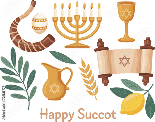Happy Succot greeting card with menorah, shofar, etrog, lulav, Torah scroll, and harvest symbols — festive Jewish holiday design for celebrations and invitations.