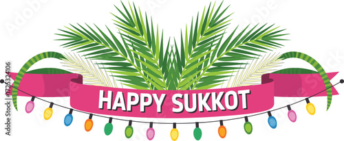 Happy Sukkot festival banner with colorful lights, palm leaves, and ribbons — perfect for Jewish holiday greetings, decorations, and cultural celebrations.