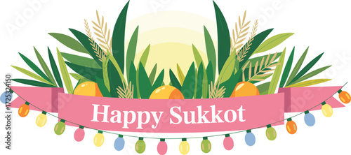 Happy Sukkot festival banner with colorful lights, palm leaves, and ribbons — perfect for Jewish holiday greetings, decorations, and cultural celebrations.