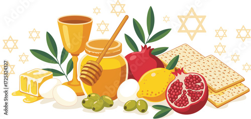 Jewish holiday icons collection: menorah, Torah, dreidels, honey, apples, pomegranate, wine — festive vector set for Hanukkah, Rosh Hashanah & Jewish celebrations.