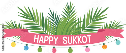 Happy Sukkot festival banner with colorful lights, palm leaves, and ribbons — perfect for Jewish holiday greetings, decorations, and cultural celebrations.