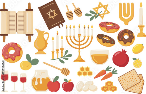 Jewish holiday icons collection: menorah, Torah, dreidels, honey, apples, pomegranate, wine — festive vector set for Hanukkah, Rosh Hashanah & Jewish celebrations.