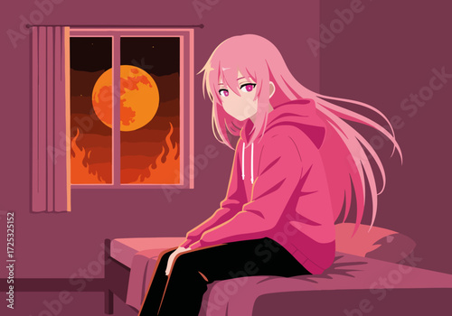 Anime girl with pink hair in glowing bedroom gazing at moon outside her window. Anime inspired scene features pink haired character sitting in quiet room and looking out at full moon.