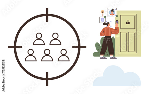 Person using facial recognition for door access, surrounded by identity icons and scope targeting group of people. Ideal for technology, data privacy, security, surveillance, identity, safety