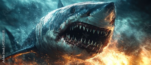Infernal Jaws: A fiery Great White Shark emerges from the depths
