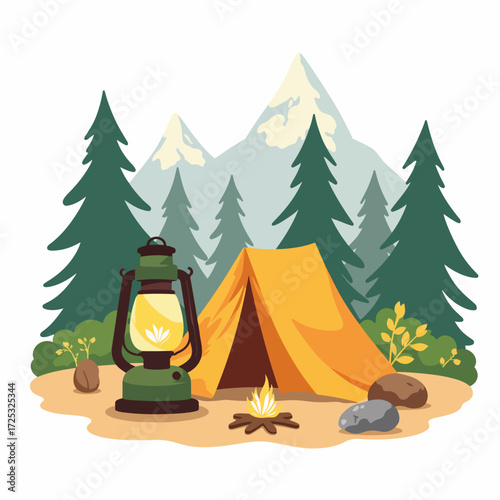 Camping lantern illuminates orange tent pitched beneath towering mountains and verdant fir trees. This camping lantern scene showcases outdoor adventure with crackling campfire beneath expansive sky,
