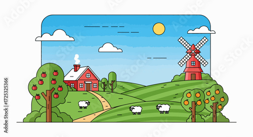 Charming rural landscape featuring farmhouse and windmill, capturing country idyllic scene. Farmhouse nestled amidst rolling hills, with windmill standing proudly, sheep grazing on the pasture,