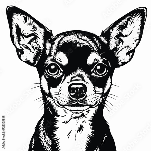 Chihuahua portrait in black and white with graphic linocut print shows fine details, including pointy ears and cute eyes. This striking chihuahua portrait in black and white is ideal for pet lovers.