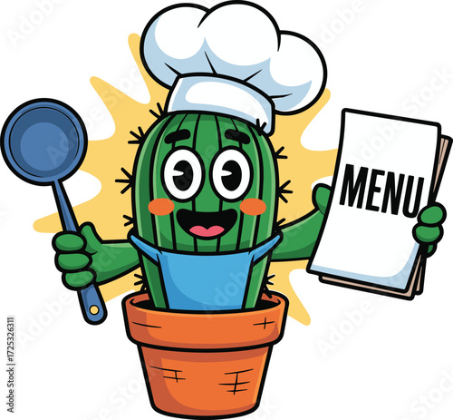 Happy cartoon cactus chef wearing a white hat and blue apron, holding a ladle and a restaurant menu, ready to cook delicious food on a white background.