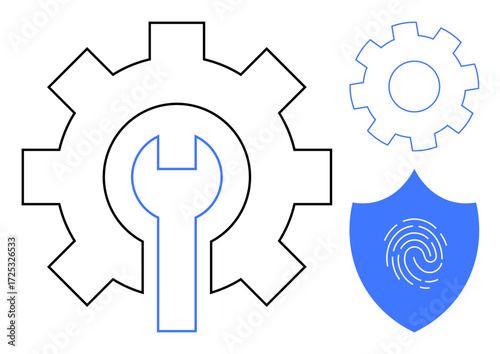Gear with wrench, smaller gear, and fingerprint-secured shield. Ideal for technology, security, mechanics, system optimization, innovation troubleshooting and improvement. A simple flat metaphor