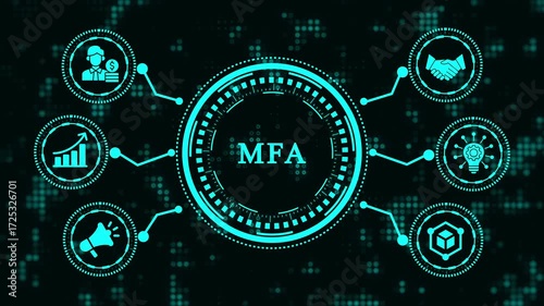 Animated mfa concept with digital icons representing multifactor authentication, enhanced security, and identity verification for robust protection against unauthorized access
