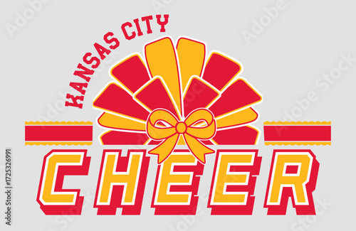 Cheer illustration, Kansas City Cheerleader Pom-pom and Bow, Red and Gold Vector cheerleading illustration.
