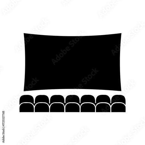 Silhouette of a movie theater with a screen and rows of seats