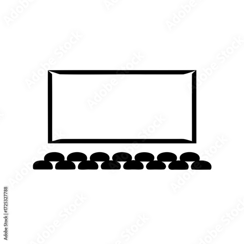 Simple black and white icon showing people watching a movie screen