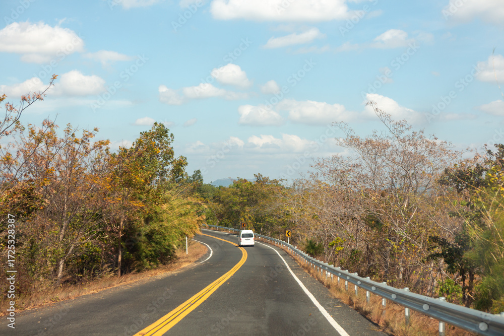 Fototapeta premium The empty asphalt road curves through the autumn forest landscape, a country way beckoning travel beneath the horizon sky