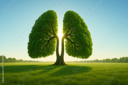 Surreal trees shaped like human lungs growing in green meadow with sunlight, symbol of breathing, respiratory health, clean air, environment, wellness, prevention and sustainable nature concept