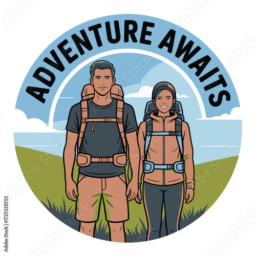 Awaits hiker couple with backpacks. Standing outdoors blue sky landscape. Nature exploration emblem