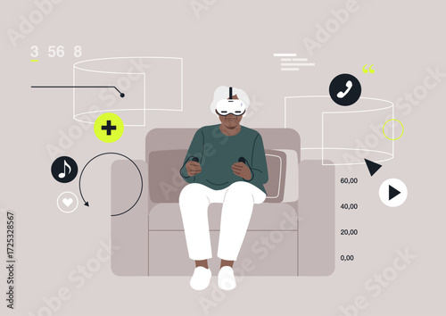 A senior individual enjoys an immersive virtual reality session on a cozy sofa, surrounded by interactive elements and digital graphics, fostering connection and enjoyment.