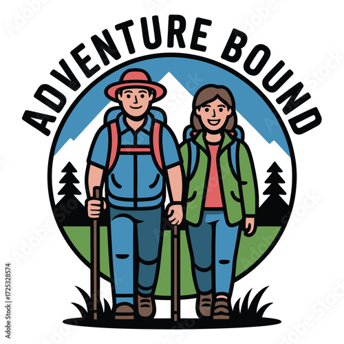 Bound hikers journeying mountain landscape. Trekking poles icon. Outdoor recreation emblem. Hiking camp badge