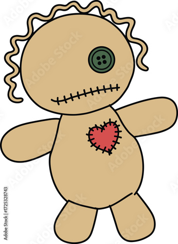 Cute cartoon voodoo doll with a stitched body and a red heart patch, a button eye, and curly hair, perfect for spooky or magical designs.