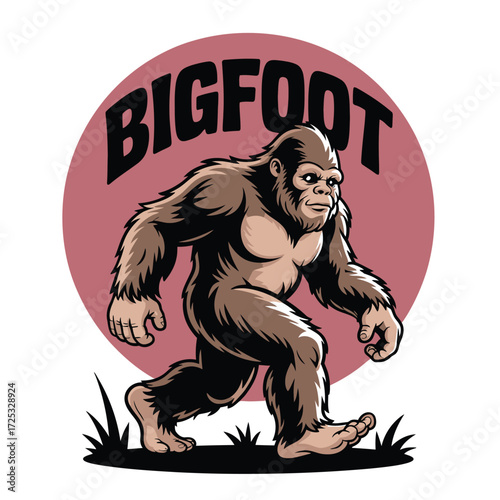 Bigfoot walking legend creature. Sasquatch monster mascot emblem. mythical ape man. forest wildlife animal.