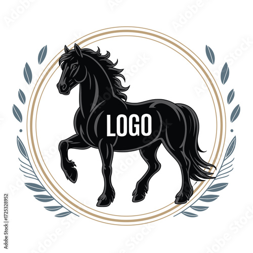 Black horse rearing, equestrian animal, golden laurel wreath, strong stallion, racehorse, equine competition