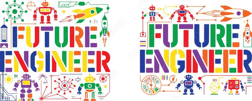 Fototapeta premium Colorful robots rockets future engineer text vector