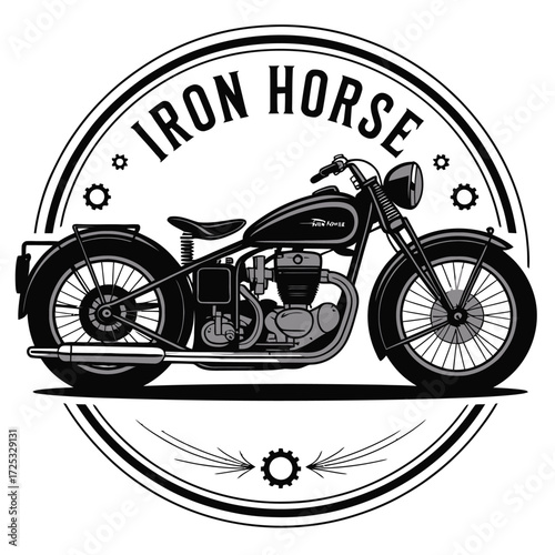 Vintage motorcycle club label. Iron horse emblem. Motorcycle badge. Biker gang circle logo. Chopper bike icon stamp.