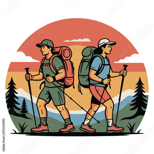 Hiking couple, mountain trail, outdoor adventure, sunset landscape, backpackers journey, active lifestyle