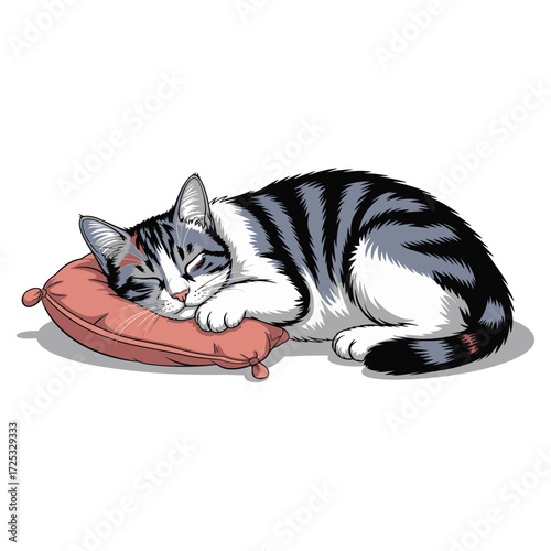 Adorable feline napping peacefully, kitten sleep dreamily, fluffy cat rest comfortably, peaceful domestic animal relaxation.