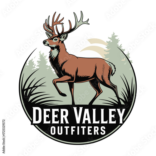 Deer Valley Outfitters stag forest hunting adventure emblem logo. Wildlife, nature, outdoor, animal, antler.