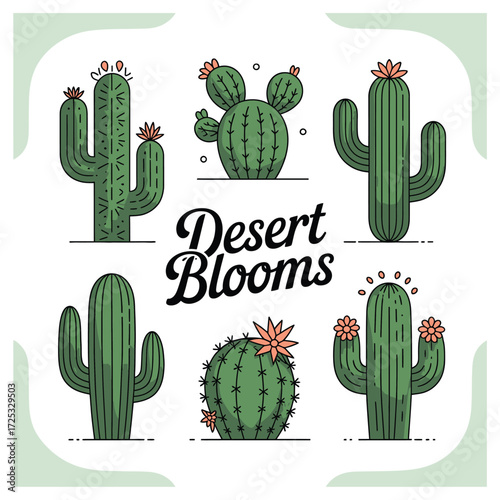 Desert Blooms cacti plants succulent flower collection set. Southwest botany, flora, prickly, doodle, botanical.