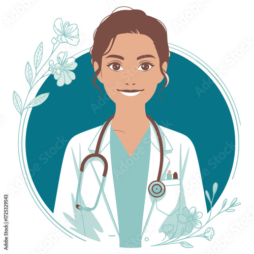 Doctor woman medical professional avatar, healthcare worker, physician. Floral frame, clinic, hospital staff icon.