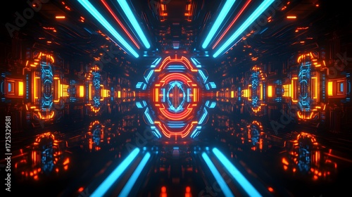Fototapeta Naklejka Na Ścianę i Meble -  A futuristic tunnel design, illuminated by vibrant blue and orange neon lights, showcasing intricate geometric patterns and a sense of deep space exploration.