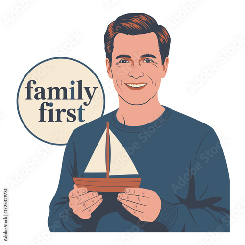 Happy dad holding small sailboat, family first concept, smiling man portrait, parenthood joy, fatherhood symbol.