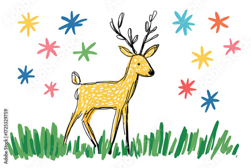 A playful illustration of a deer surrounded by colorful flowers and scribbled clouds on transparent background.