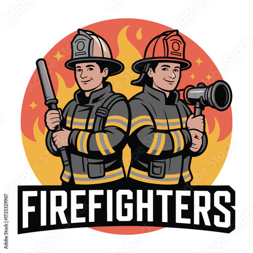 Firefighters heroes emblem. Firefighter team with fire nozzle and hose. Fireman in uniform standing with fire background.