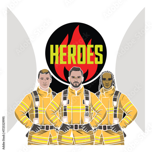 Firefighters heroes standing confidently, emergency response team, fire department, fire protection, brave rescue