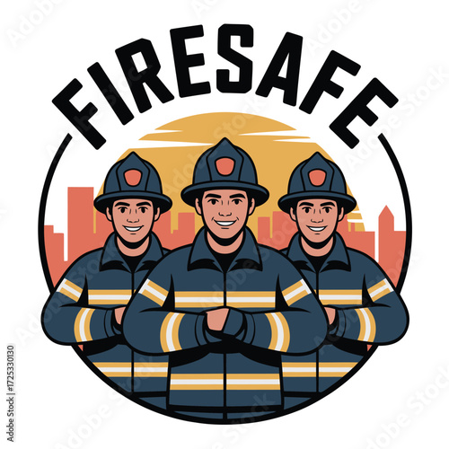 Firesafe firefighters team emblem. Fireman team standing in front of city skyline. Fireman in uniform.
