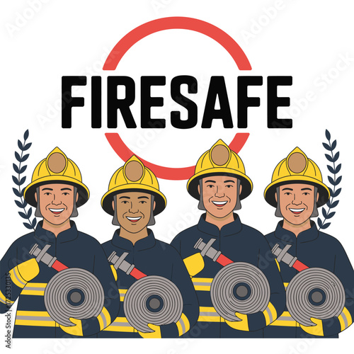 Diverse firefighter team, smiling heroes in uniform, fire safety professionals, emergency response crew, rescue squad